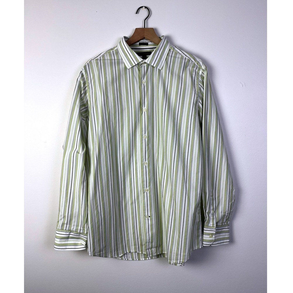 Banana Republic Preppy Slim Striped Dress Shirt Woven in Italy White Green XL